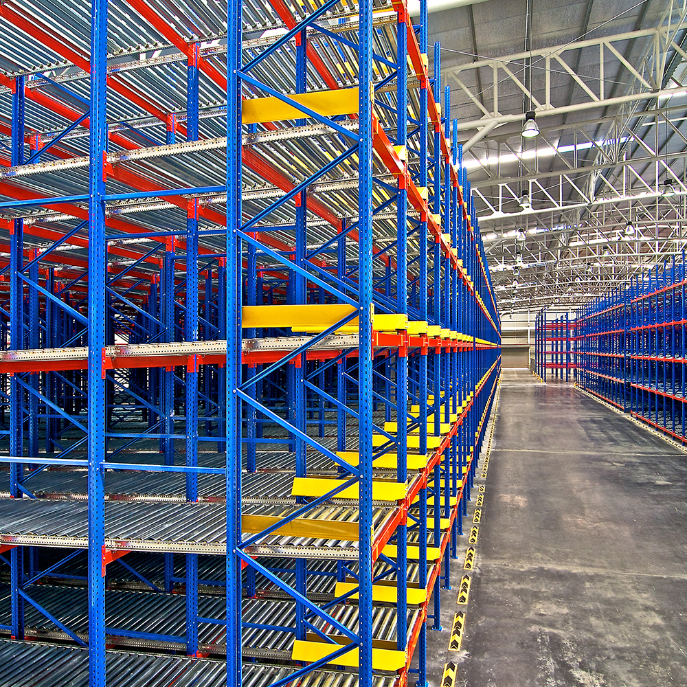 Push back racking system in large warehouse