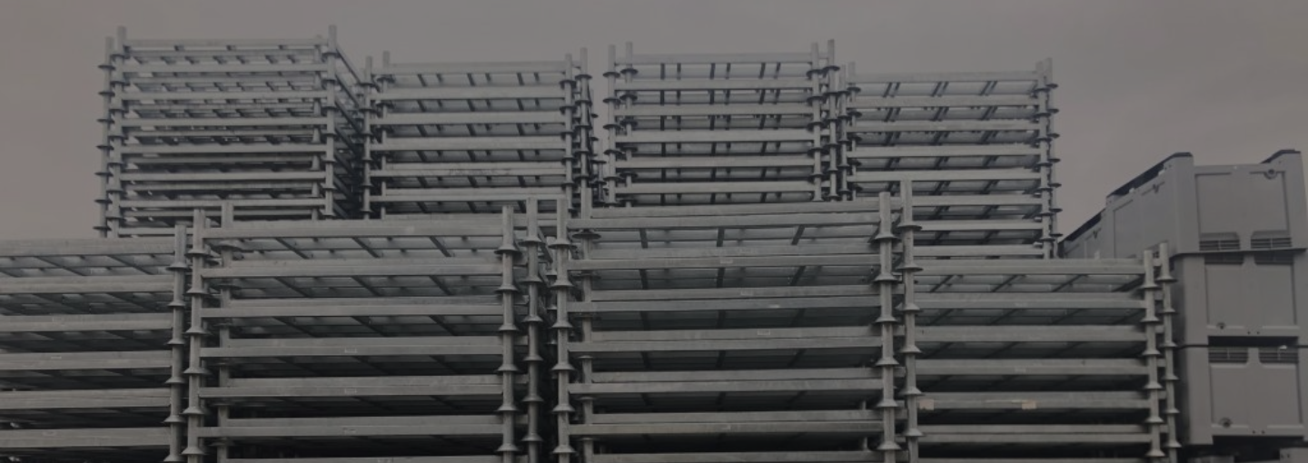 Metal stillage used for industrial storage and transport of goods.