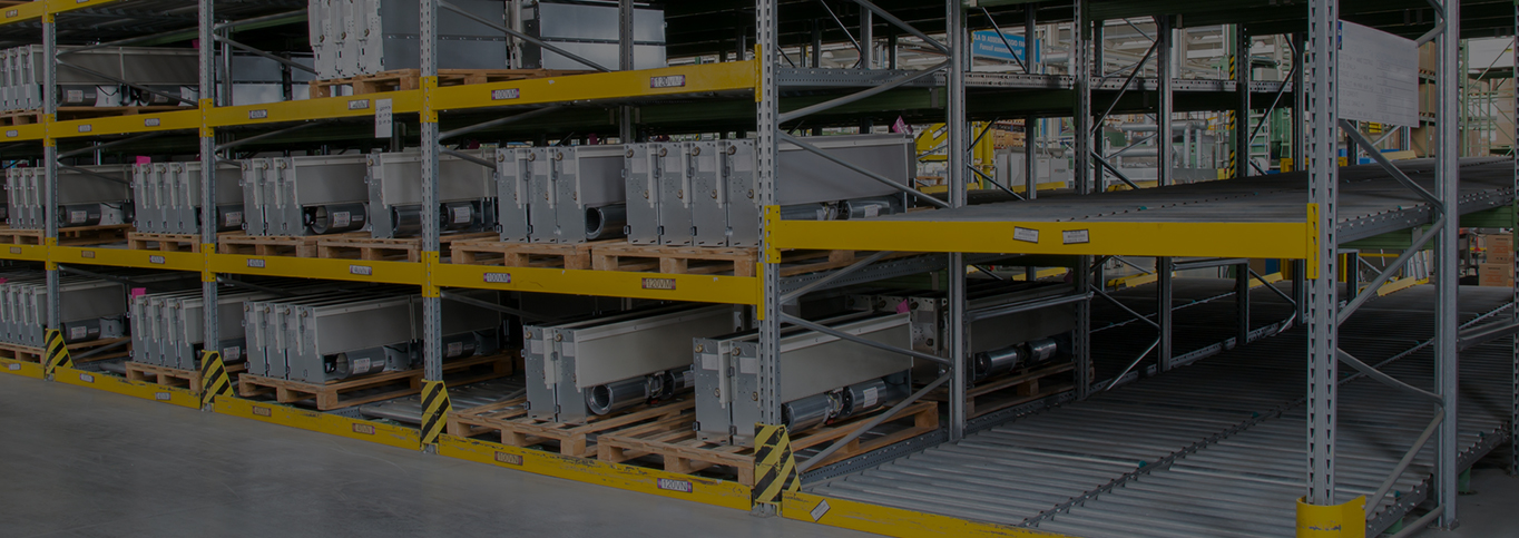 Ware house live racking showing product on live racking shelves in grey and yellow
