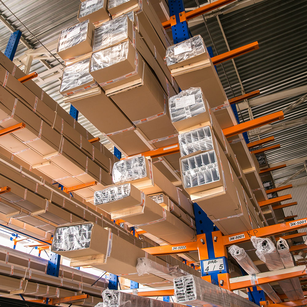 Warehouse with Standard Cantilever Racking with product on shelf