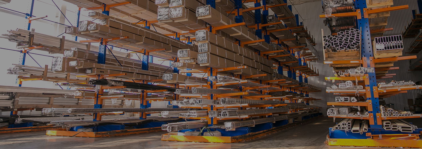 Warehouse with standard cantilever racking with product on shelf